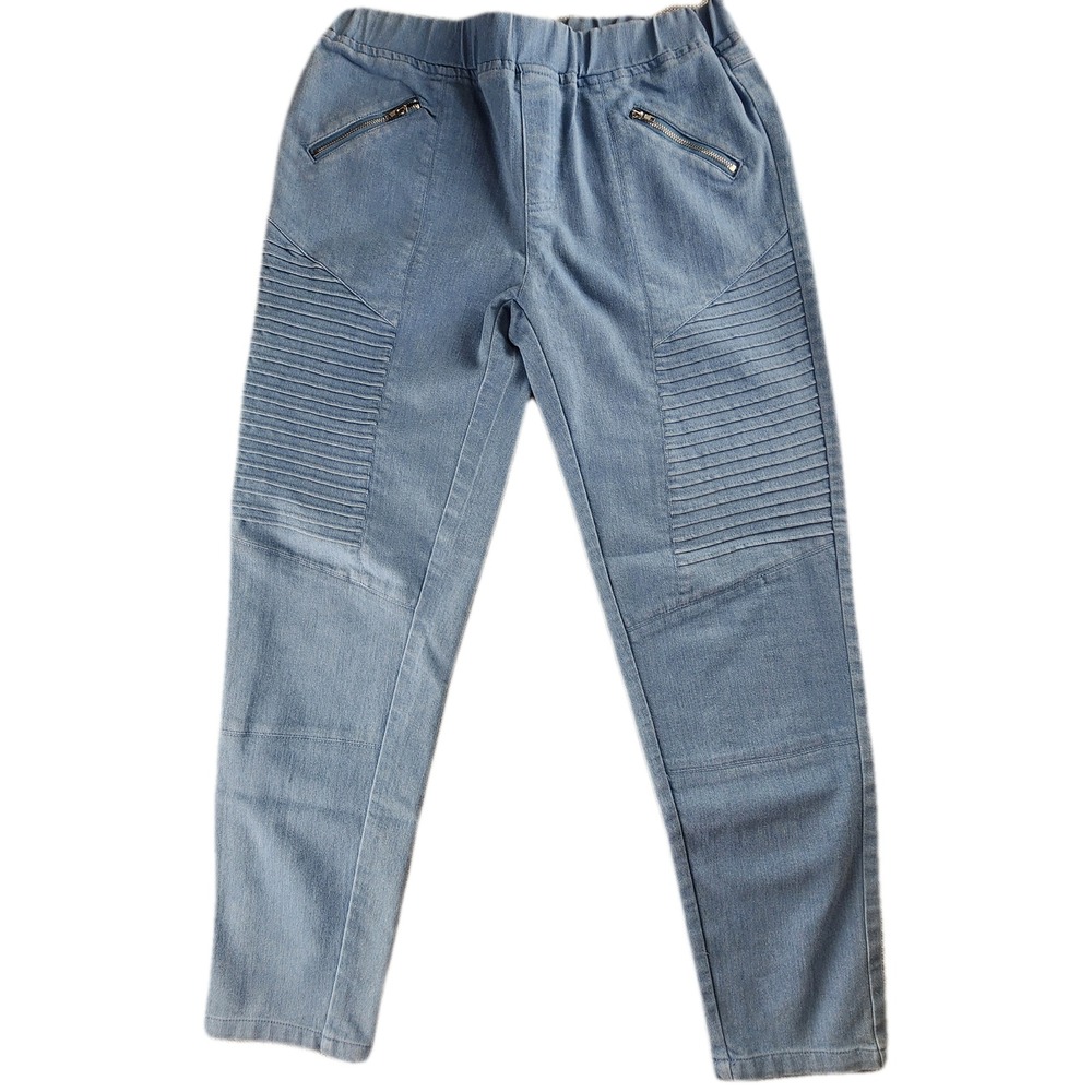 Umgee Women Moto Jeans Medium Blue Acid Wash Ribbed Moto Detail Jeggings Comfort